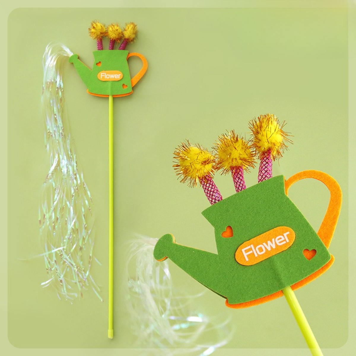 Flower Watering Can Cat Wand – Interactive Ribbon Teaser Toy