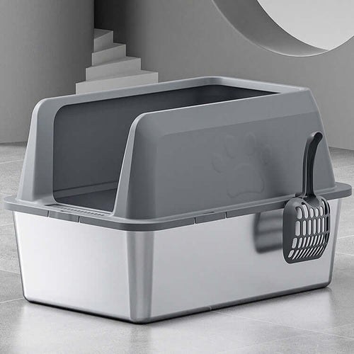 Deep Stainless Steel Cat Litter Box with High Sides & Scoop - Silver - Litter - Catati Cat Store