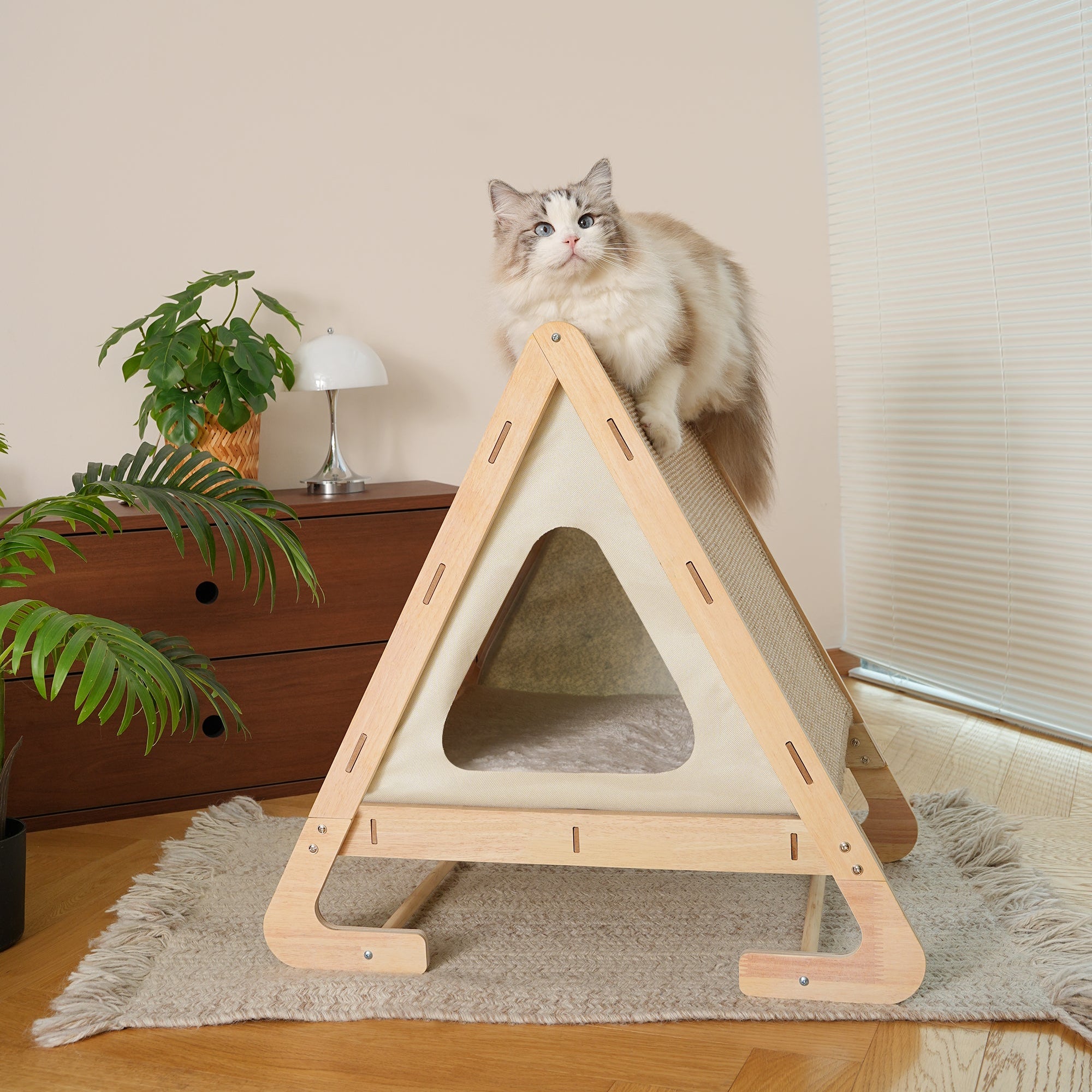 Wooden Triangle Cat House - Scratcher & Lounge