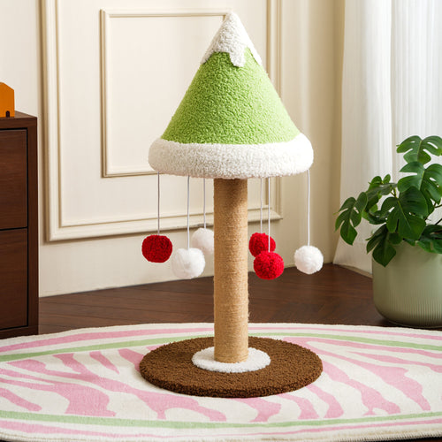 Cedar Cat Scratching Post - Sisal & Snow-Cap Design featuring a playful mountain design with pom-poms.