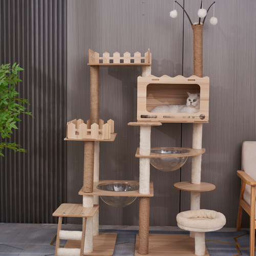 Multi-Level Castle Cat Tree - Dual Space Capsules & Integrated Steps with cat lounging in cozy hideout.