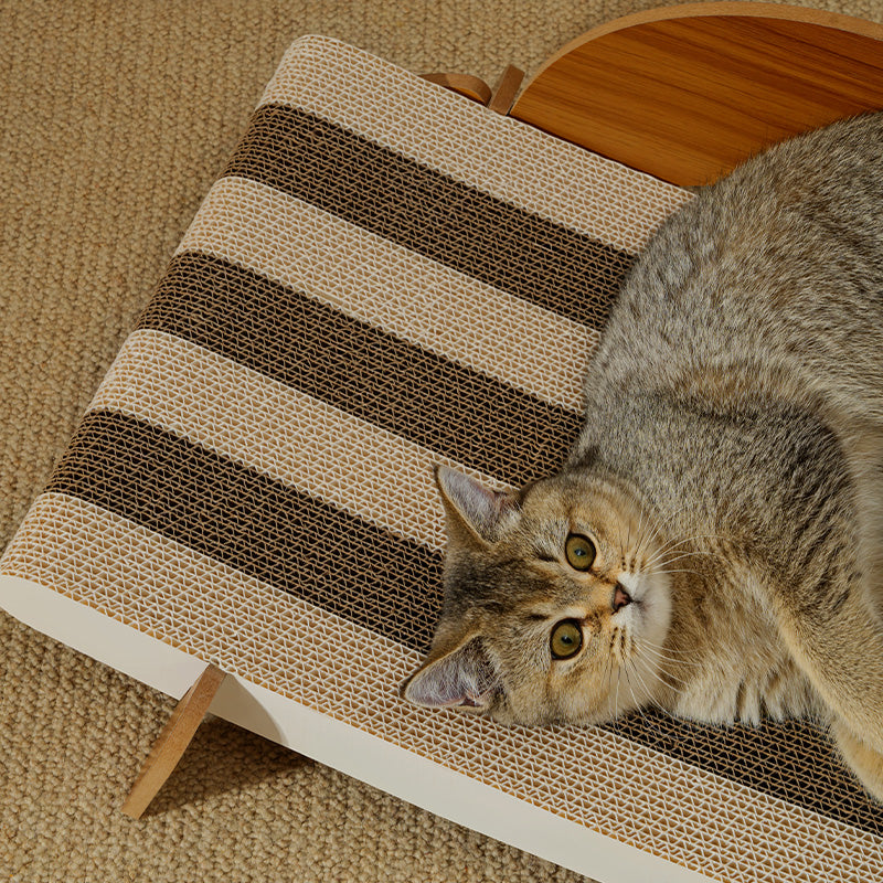 Wooden Design Curved Cat Lounge - High-Density Corrugated Scratcher