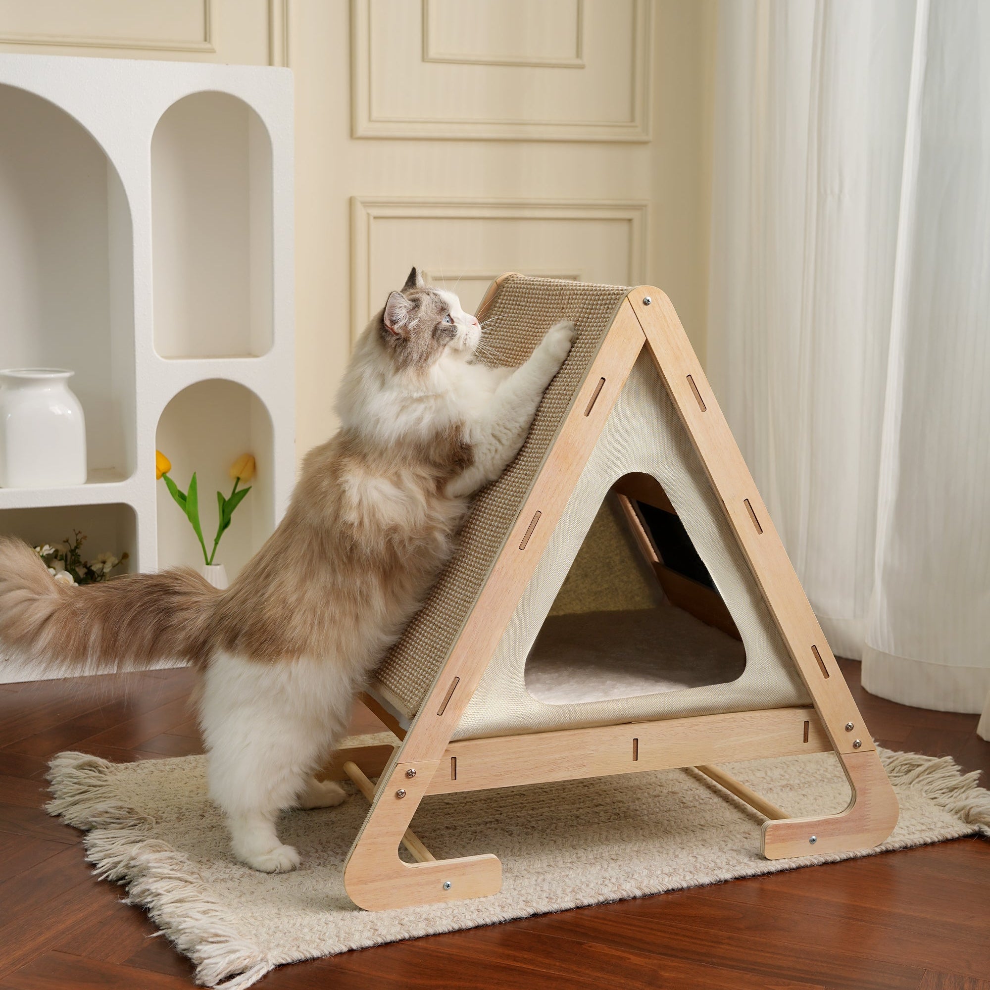 Wooden Triangle Cat House - Scratcher & Lounge