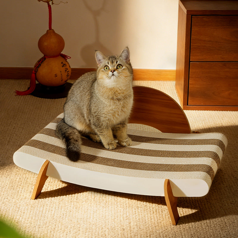 Wooden Design Curved Cat Lounge - High-Density Corrugated Scratcher