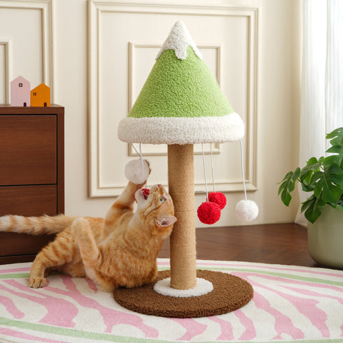 Cedar Cat Scratching Post - Sisal & Snow-Cap Design featuring green and white textured fabric with playful pom-poms.