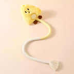 Yellow plush character cat chew toy made with a long cotton rope