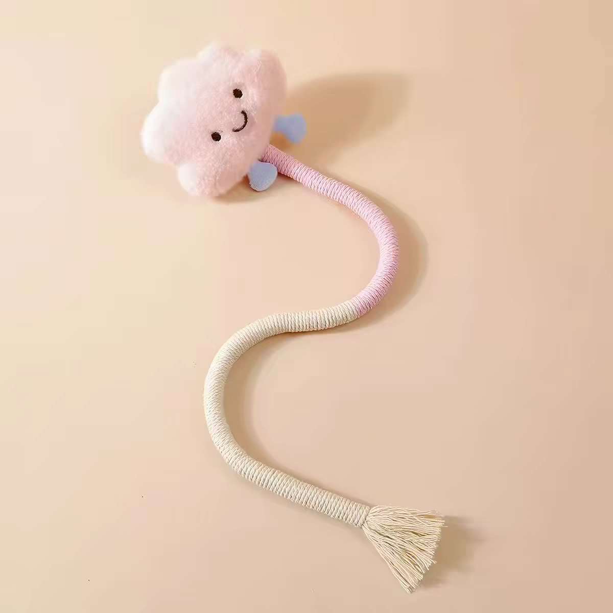 Pink plush character cotton rope cat chew toy with a tasselled rope end