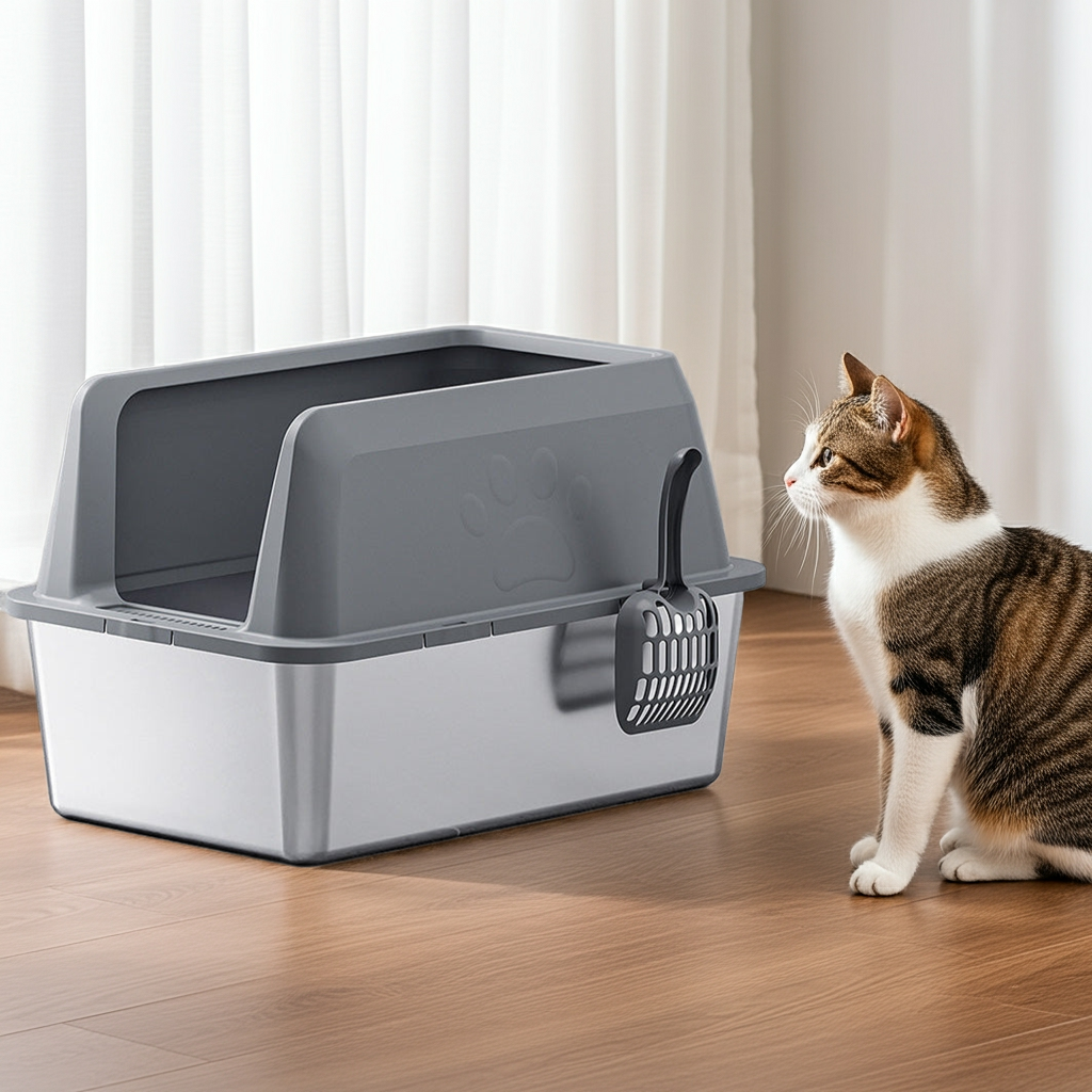 Cat standing next to a gray covered cat litter box on a wooden floor.