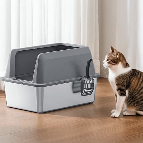 Deep Stainless Steel Cat Litter Box with High Sides & Scoop - Silver - Litter - Catati Cat Store