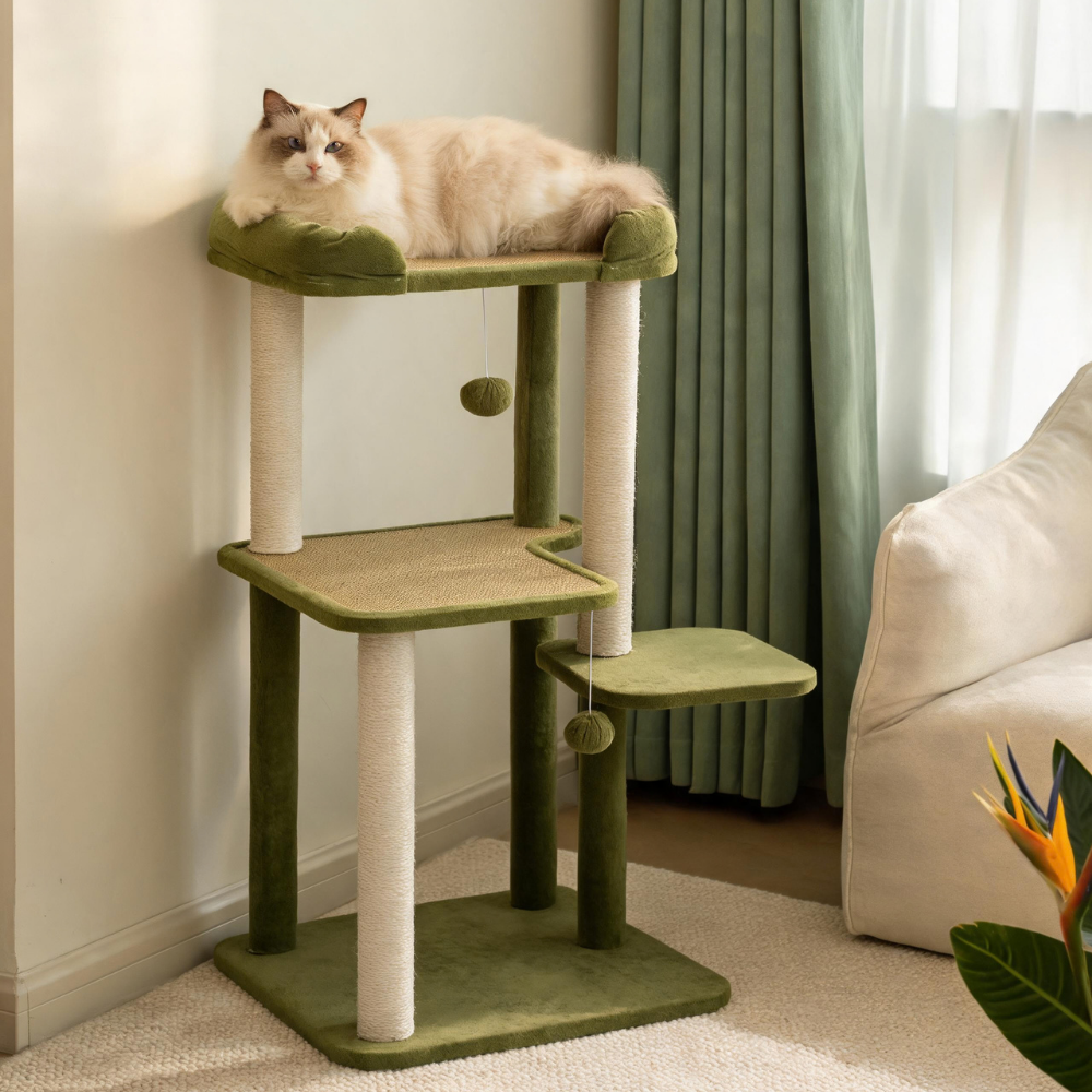Fluffy cat lounging on the upper perch of a green cat tree with woven rattan mats, rope-wrapped posts and hanging balls.