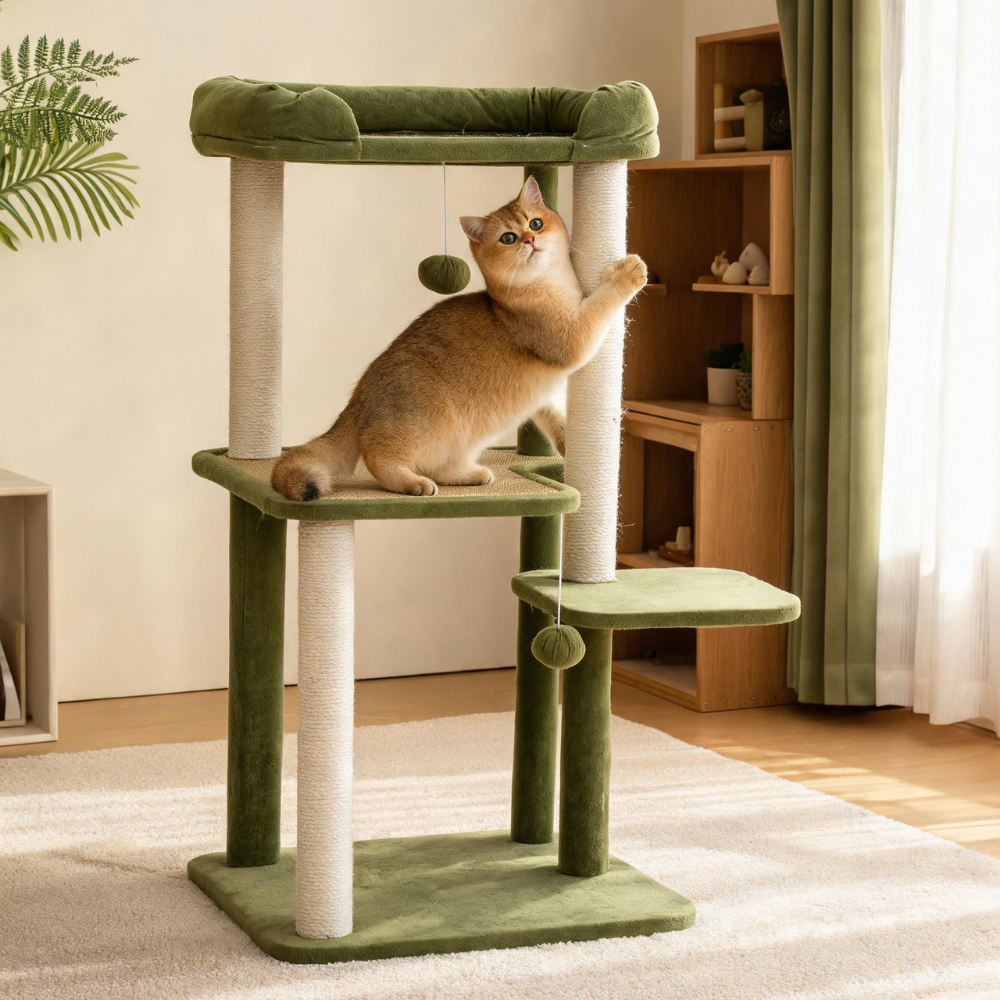 Golden cat on the middle woven platform of a green cat tree, reaching towards a rope-wrapped scratching post.