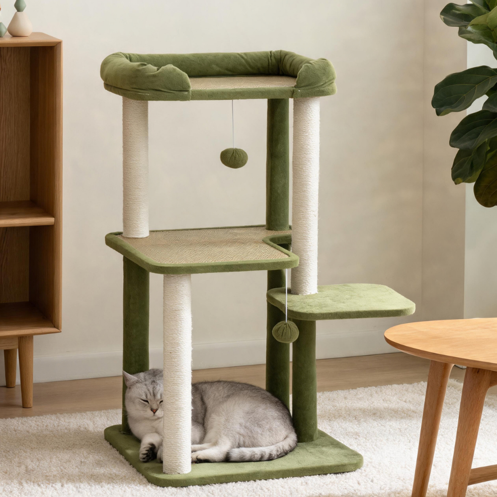 Grey cat resting on the base of a green multi-level cat tree with rattan resting surfaces and two hanging balls.