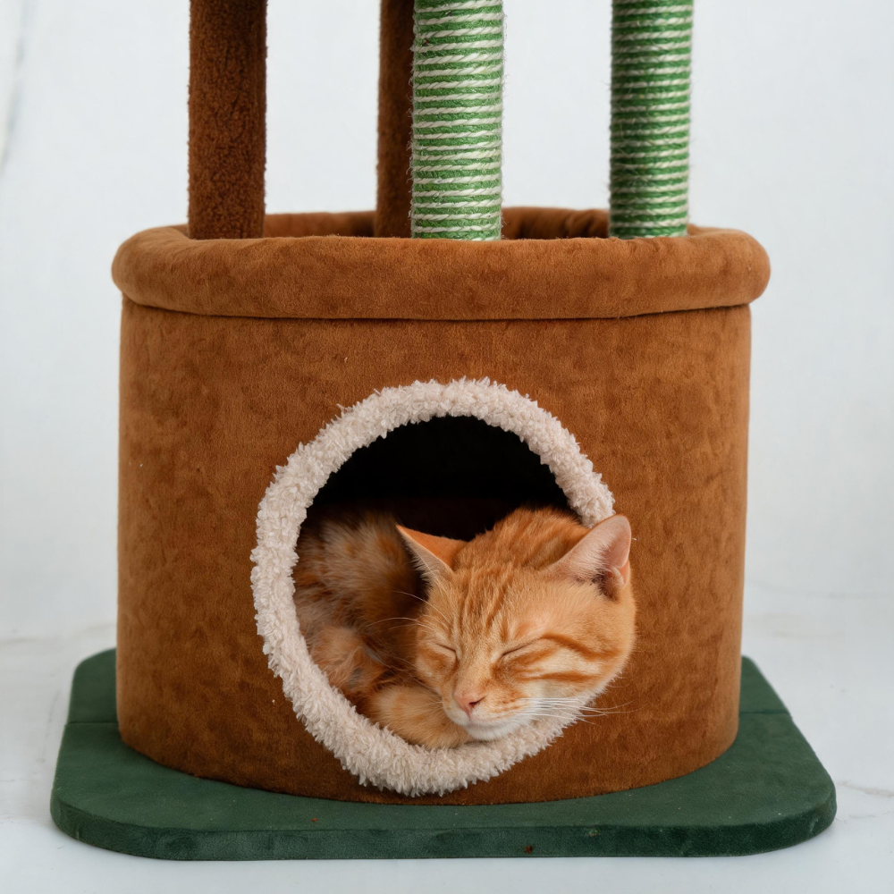 Silver cat gripping a green-and-natural rope-wrapped scratching post on the flower cat tree.