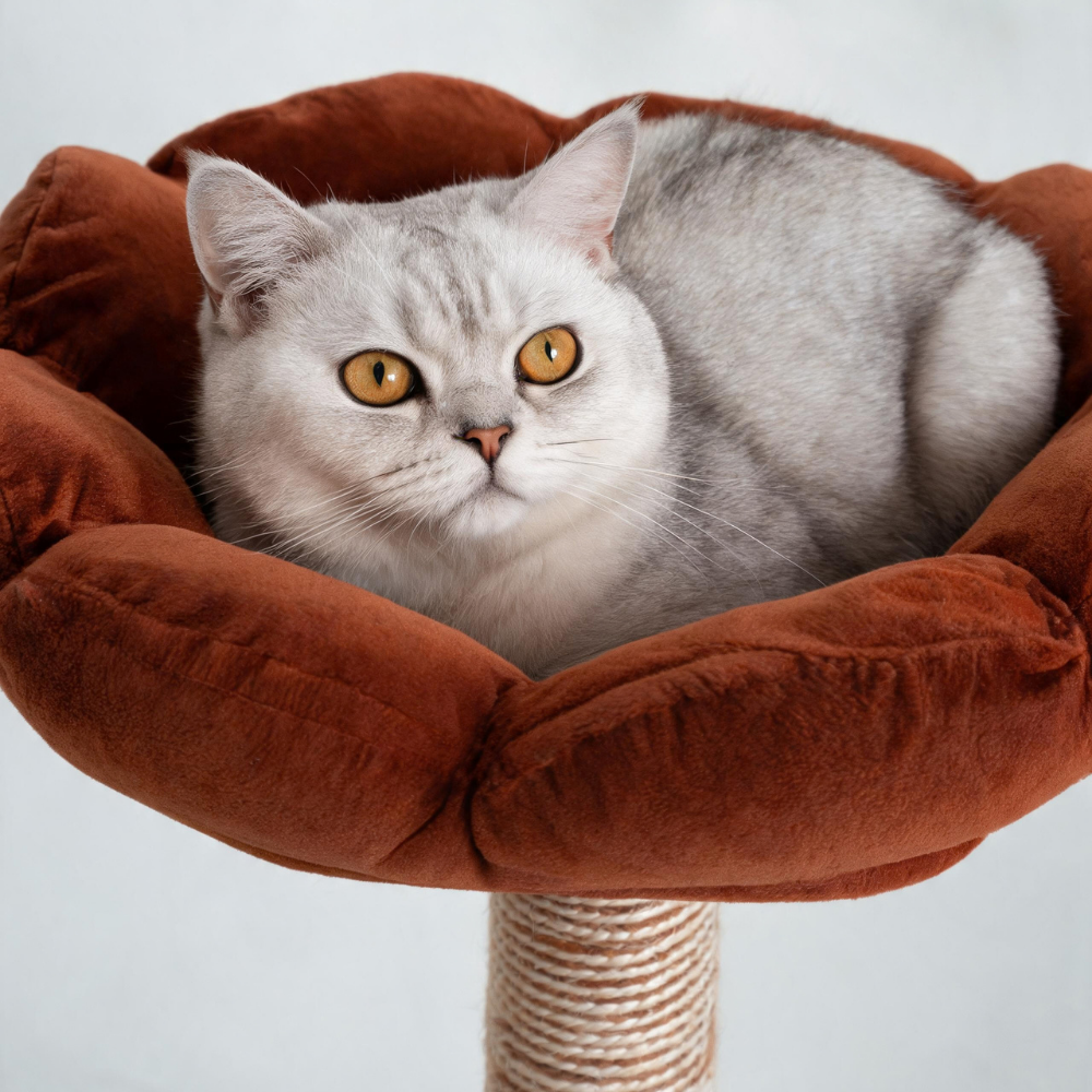 Silver cat curled inside the brown petal-shaped top perch of the flower cat tree.