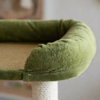 Close-up of the woven rattan mat and green plush-covered edge of the cat tree’s top perch.