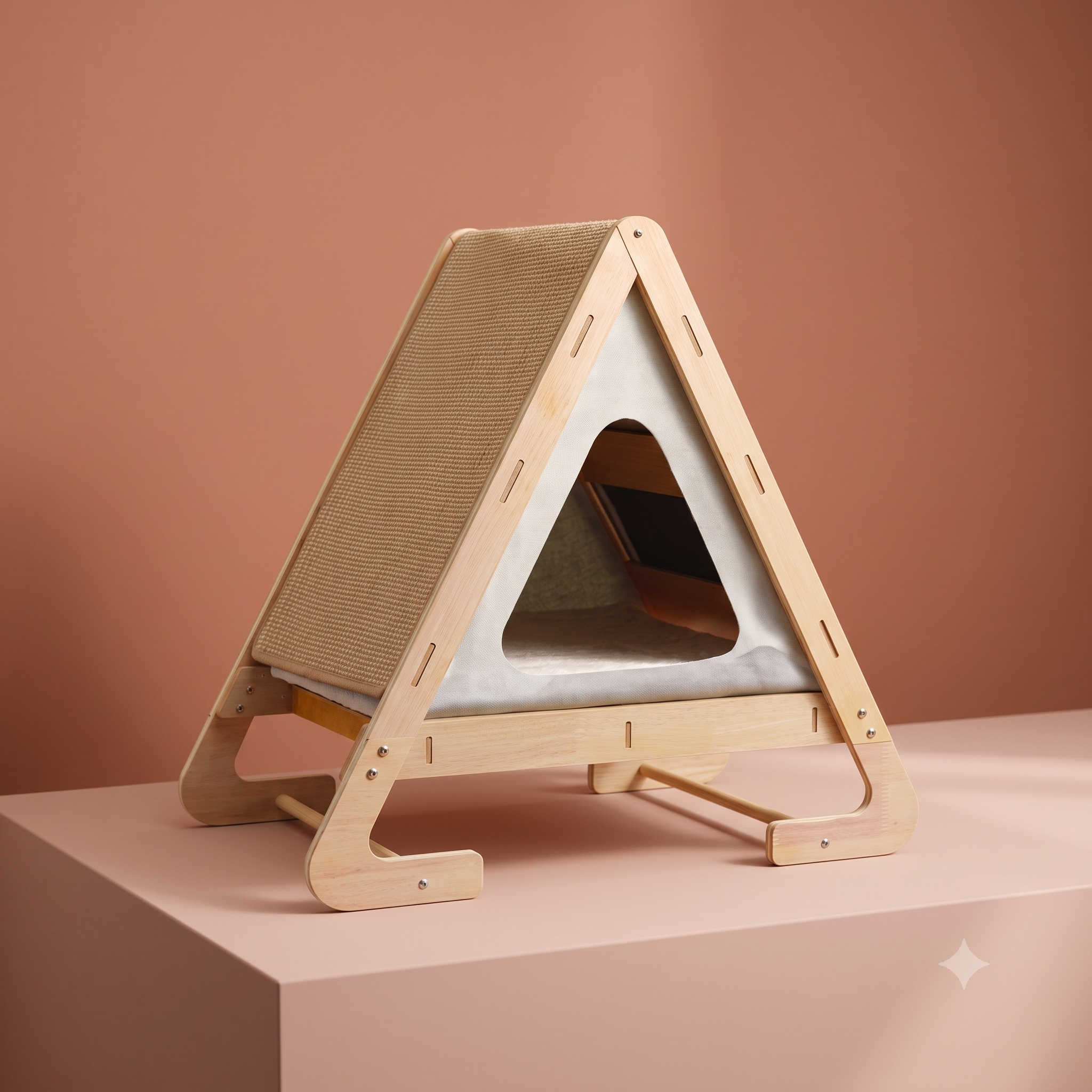 Wooden Triangle Cat House - Scratcher & Lounge