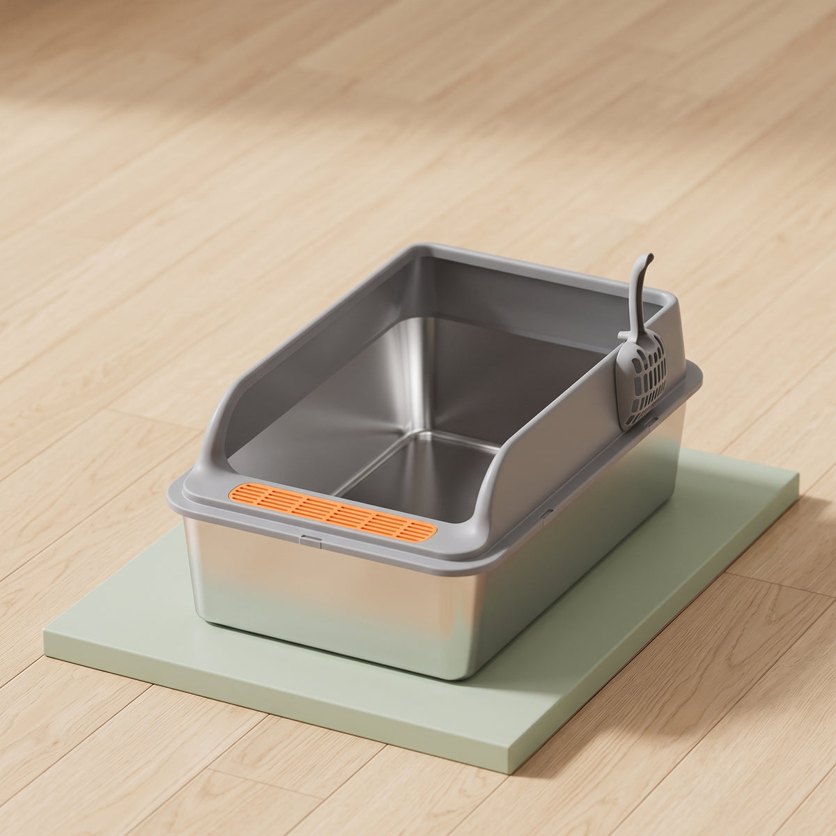 60cm Stainless Steel Cat Litter Box with Scoop – Open Top & Wide