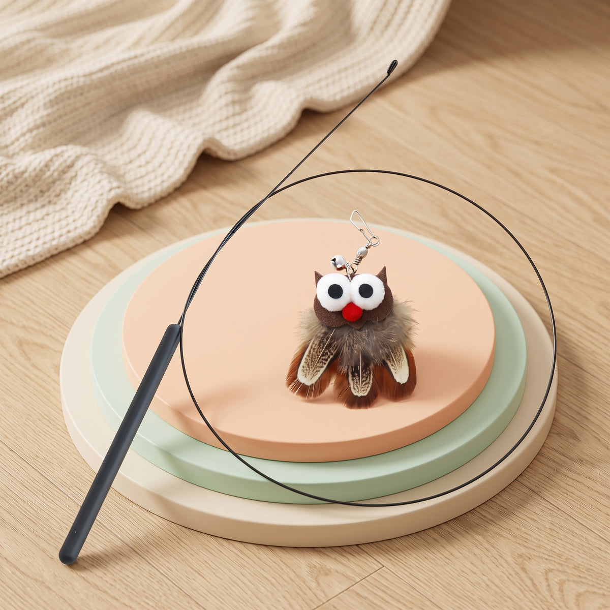Owl Feather Teaser Wand – Interactive Cat Toy with Bell