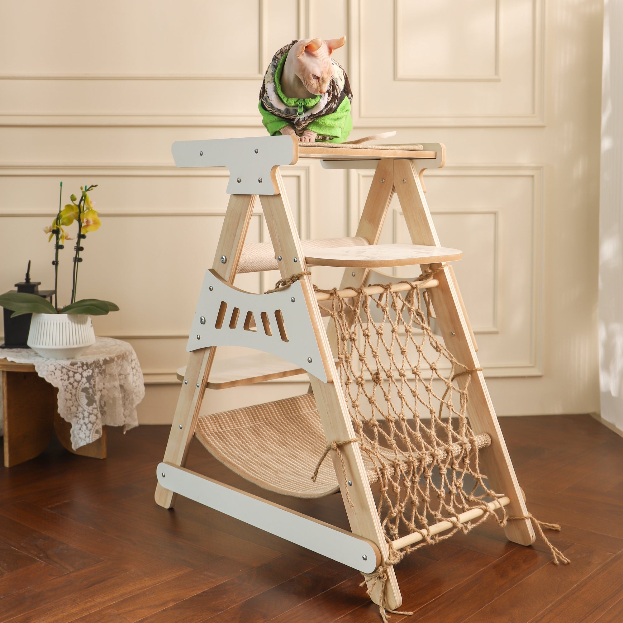 Natural Wood Cat Tower with Hammock & Climbing Net by CATATI SELECTED - Default Title - Furniture - Catati