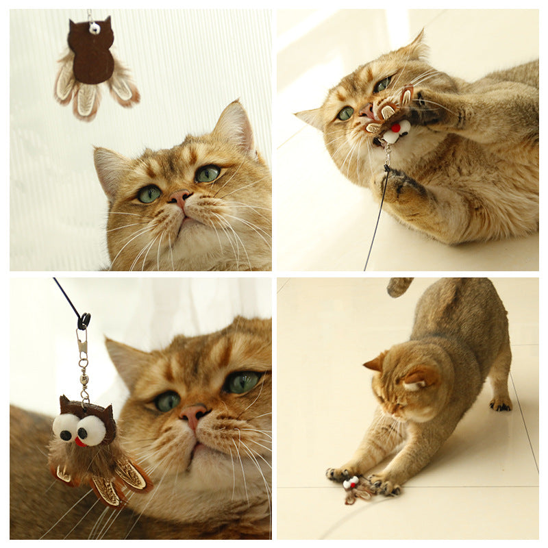 Owl Feather Teaser Wand – Interactive Cat Toy with Bell