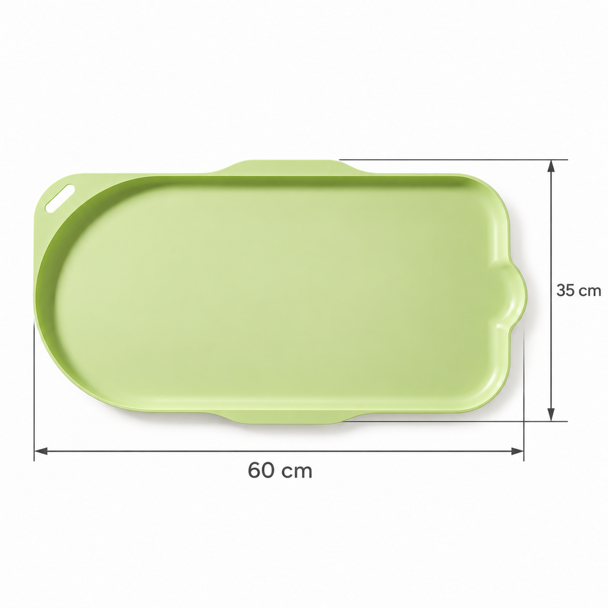 Green cat-shaped feeding tray on a white background, with overall dimensions of 60 × 35 cm.