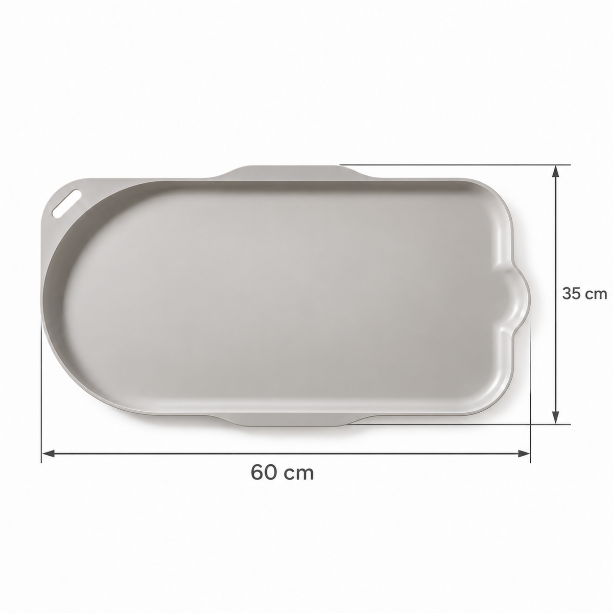 Grey cat-shaped feeding tray on a white background, with overall dimensions of 60 × 35 cm.