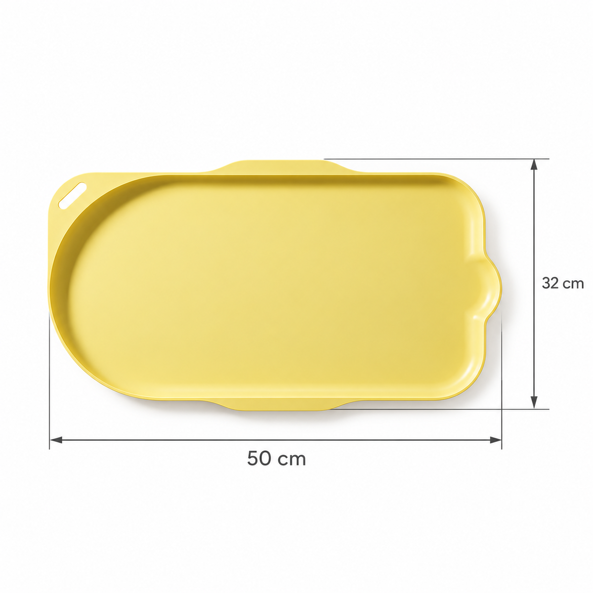 Yellow cat-shaped feeding tray on a white background, with overall dimensions of 50 × 32 cm.