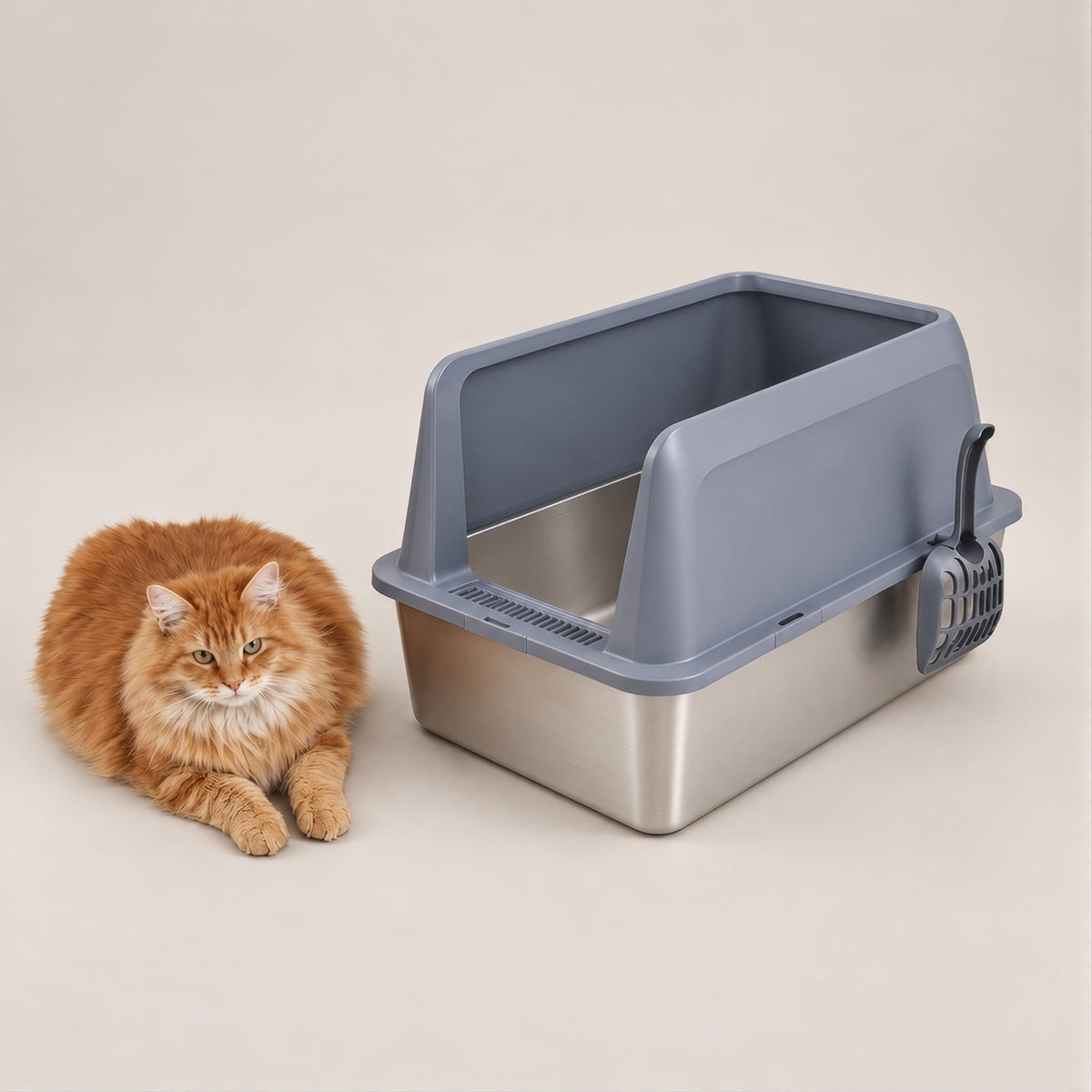 Ginger cat lying beside the grey stainless steel cat litter box to show its size