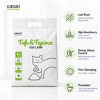 A 6L bag of Catati Selected Tofu&Tapioca Cat Litter on a white background, shown next to six green feature icons highlighting benefits like low dust, high absorbency, strong odor control, and flushability.