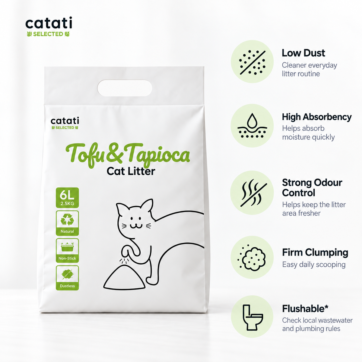 A 6L bag of Catati Selected Tofu&Tapioca Cat Litter on a white background, shown next to six green feature icons highlighting benefits like low dust, high absorbency, strong odor control, and flushability.