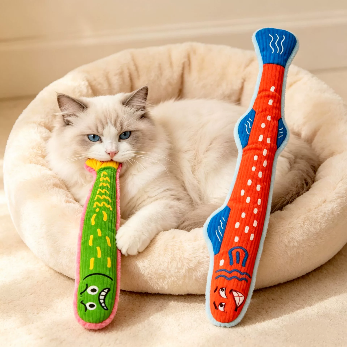 Cat holding a green plush fish toy in a cream bed beside an orange-red fish toy with blue fins.