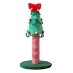 Christmas tree cat scratching post with a green tree topper, red bow, red-and-white striped post and round green base.
