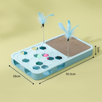 Blue cat scratcher activity toy with feather teasers and a diagram labelling the base 50.5cm by 28cm by 5cm.