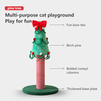 Feature diagram of the Christmas tree cat scratching post showing the bow, tree topper, striped column and round base.