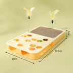 Yellow cat scratcher activity toy with feather teasers and a diagram labelling the base 50.5cm by 28cm by 5cm.