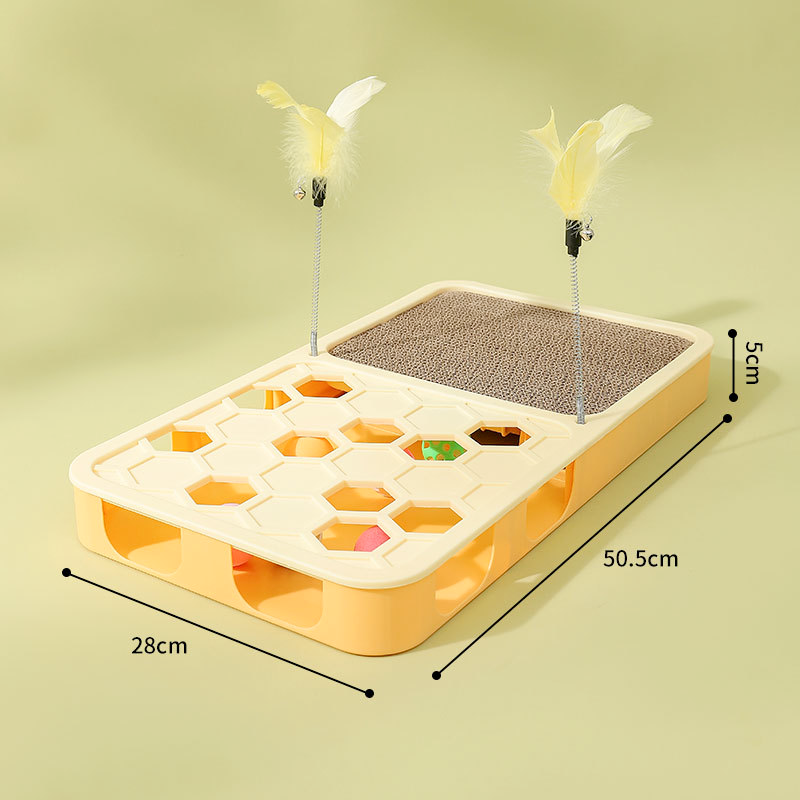 Yellow cat scratcher activity toy with feather teasers and a diagram labelling the base 50.5cm by 28cm by 5cm.