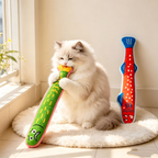 Cat holding and biting a green plush fish toy beside an orange-red fish toy on a cream rug by a window.