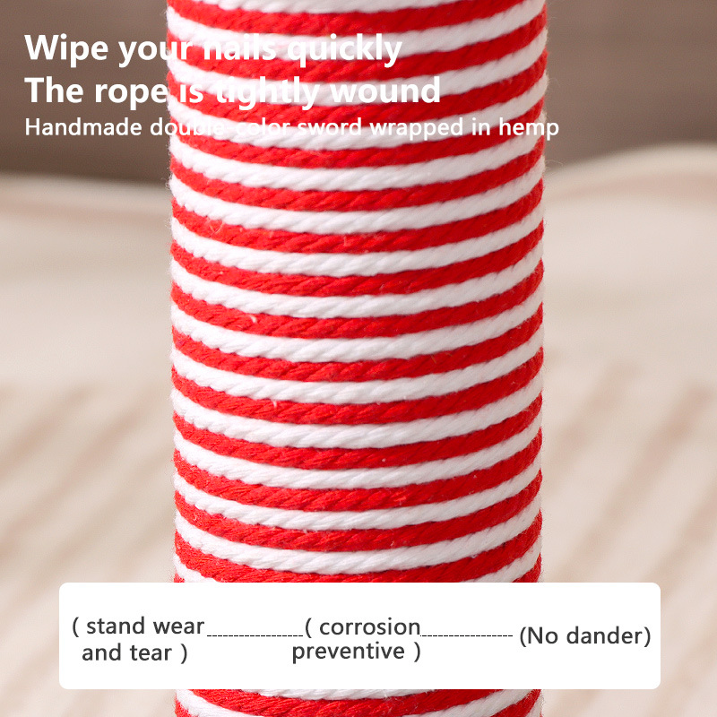 Close-up of the red-and-white rope wrapped around the Christmas cat scratching post.