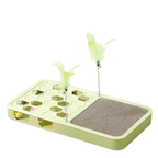Green cat activity toy with a textured scratching insert, ball-play openings and two spring-mounted feather teasers.