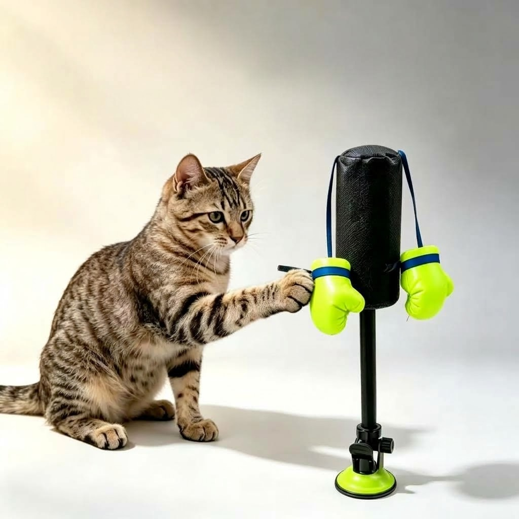 Tabby cat reaching towards a lime-green hanging glove on a suction cup boxing toy.