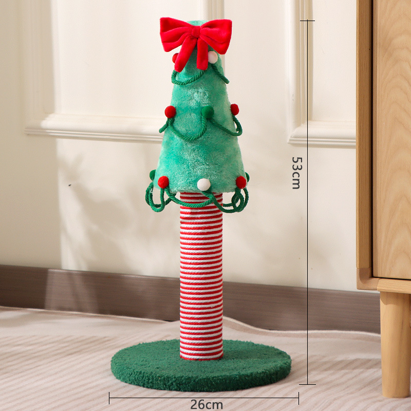 Christmas tree cat scratching post with measurements showing 53cm overall height and a 26cm base diameter.