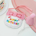 Pink cat birthday bib with a bow motif and colourful lettering beside a matching pom-pom party hat.