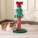 Cat resting beside a Christmas tree scratching post with a red bow and striped rope column.