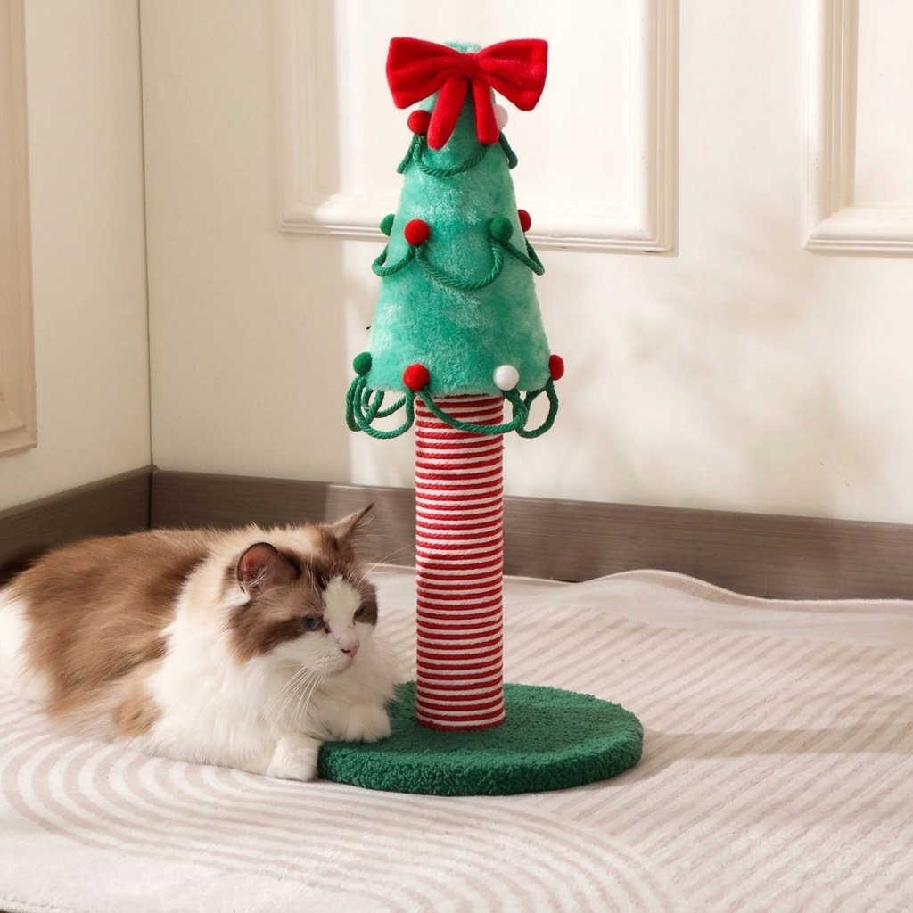 Cat resting beside a Christmas tree scratching post with a red bow and striped rope column.