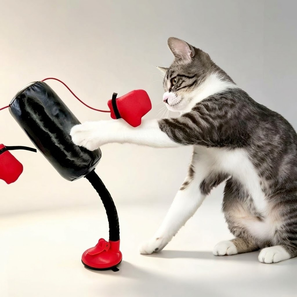 Grey and white cat batting a tilted black punching-bag toy with red gloves and a red suction base.