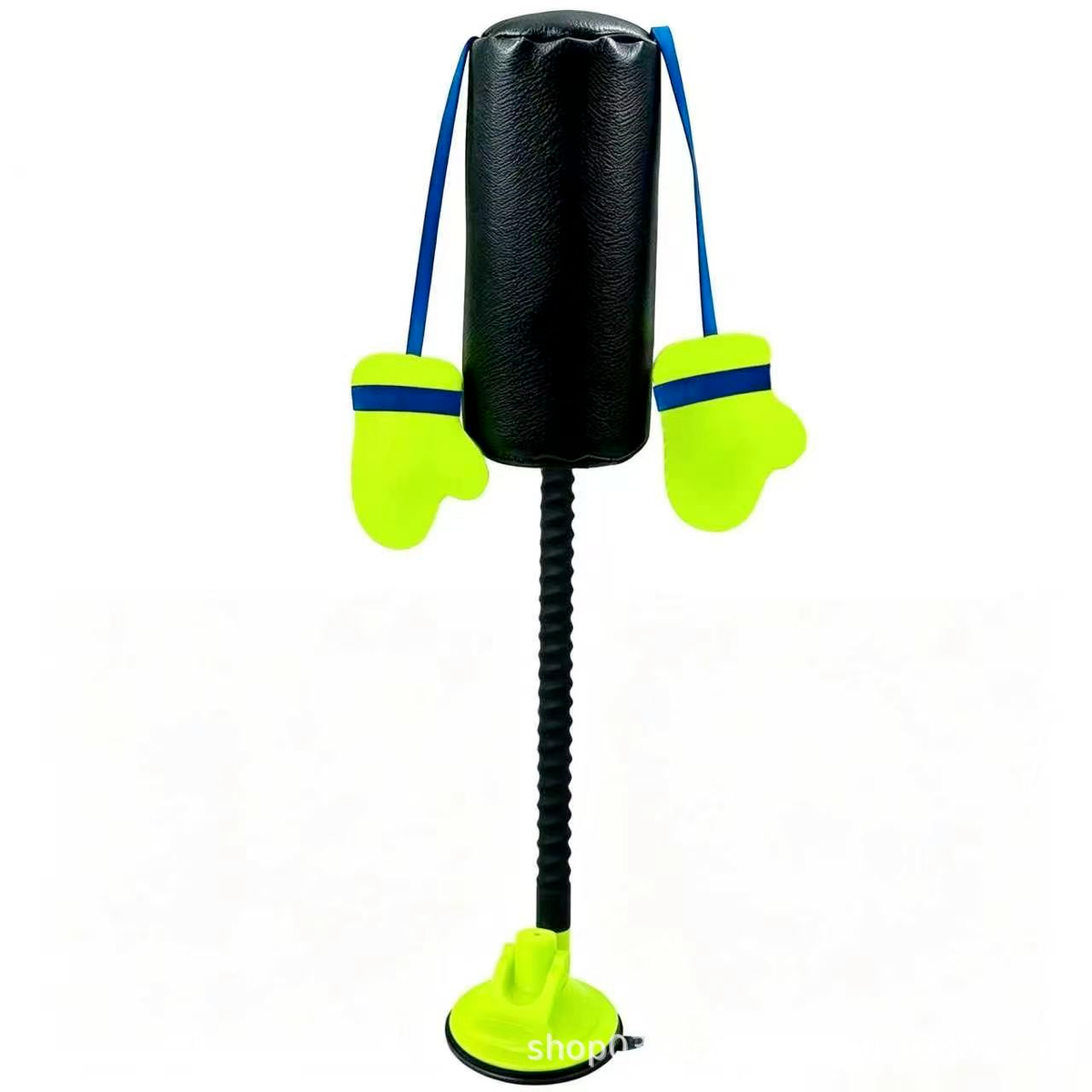 Cat boxing teaser toy with a black punching bag, lime-green gloves, blue hanging straps and a lime-green suction base.