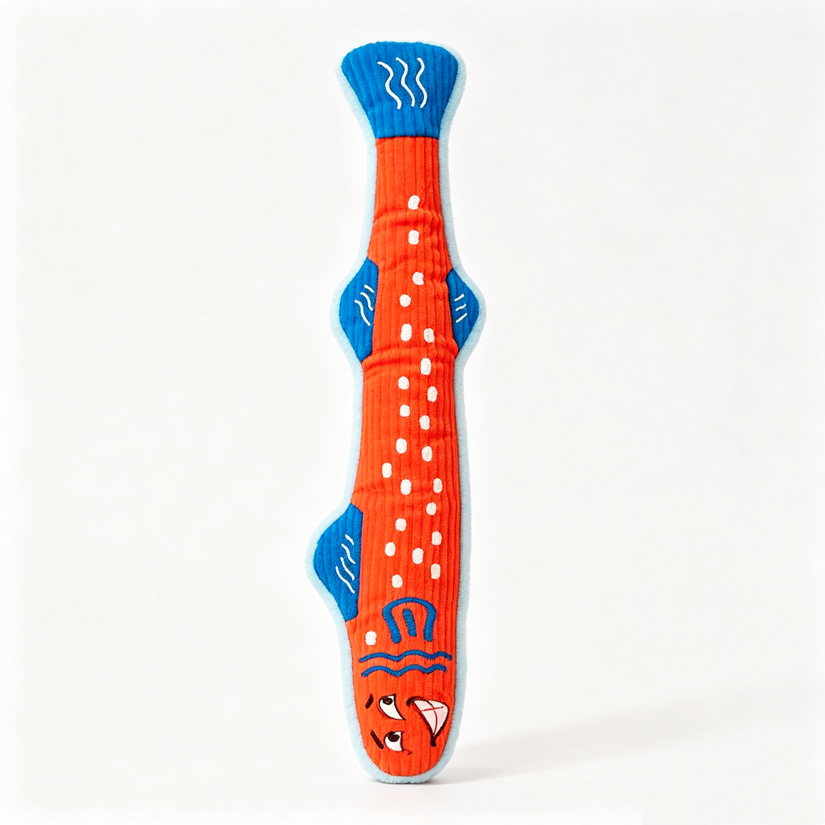 Orange-Red Lewd Fish plush cat toy with blue fins, white spots and a cartoon face.