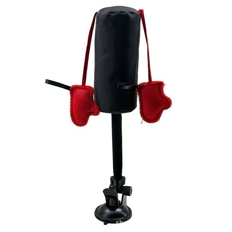 Black suction cup cat boxing toy with a miniature punching bag and two red glove-shaped hanging targets.