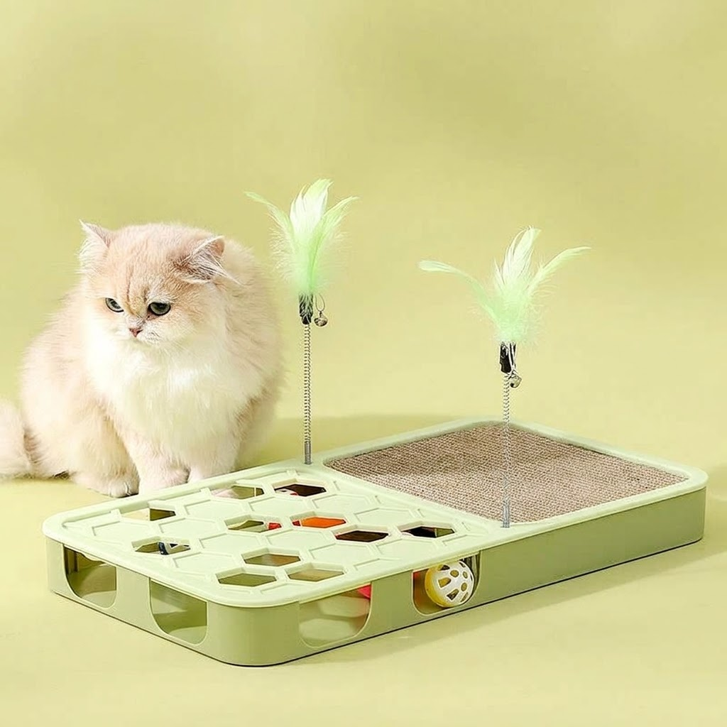 Cream-coloured cat beside a green scratcher activity toy with feather teasers and balls.