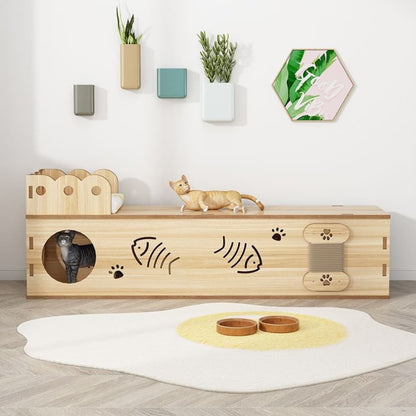 Natural Wood Tunnel Cat Bed - catati - nz - cat - products - online